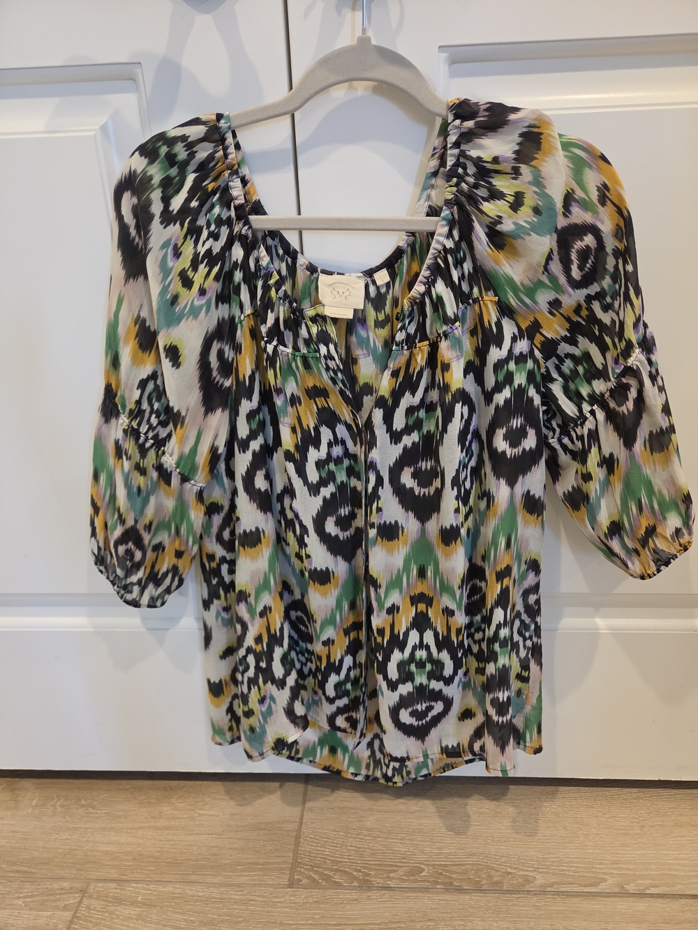Anthropologie Ikat-Print Puff Sleeve Blouse in Green Multi